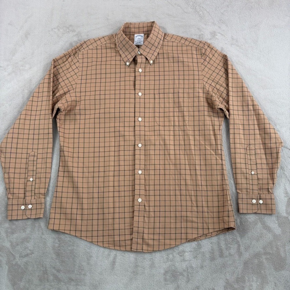 Brooks Brothers 1818 Regent Fit Shirt in Brown Windowpane Men Large Long Sleeve